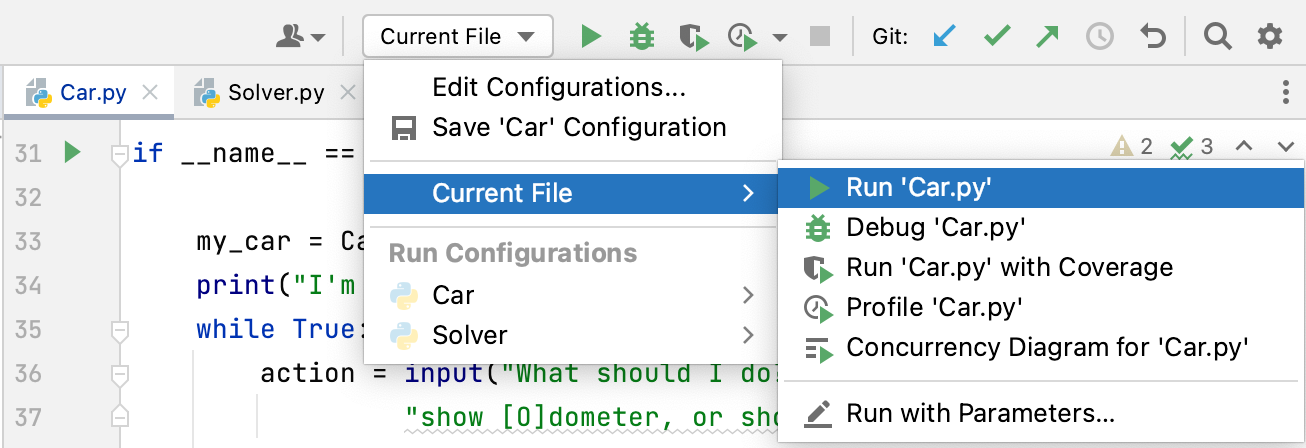 More options for running current file