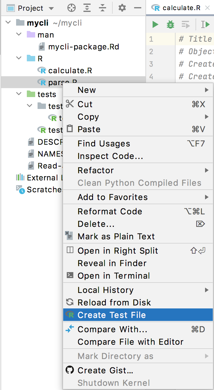 Create a test file in the context menu