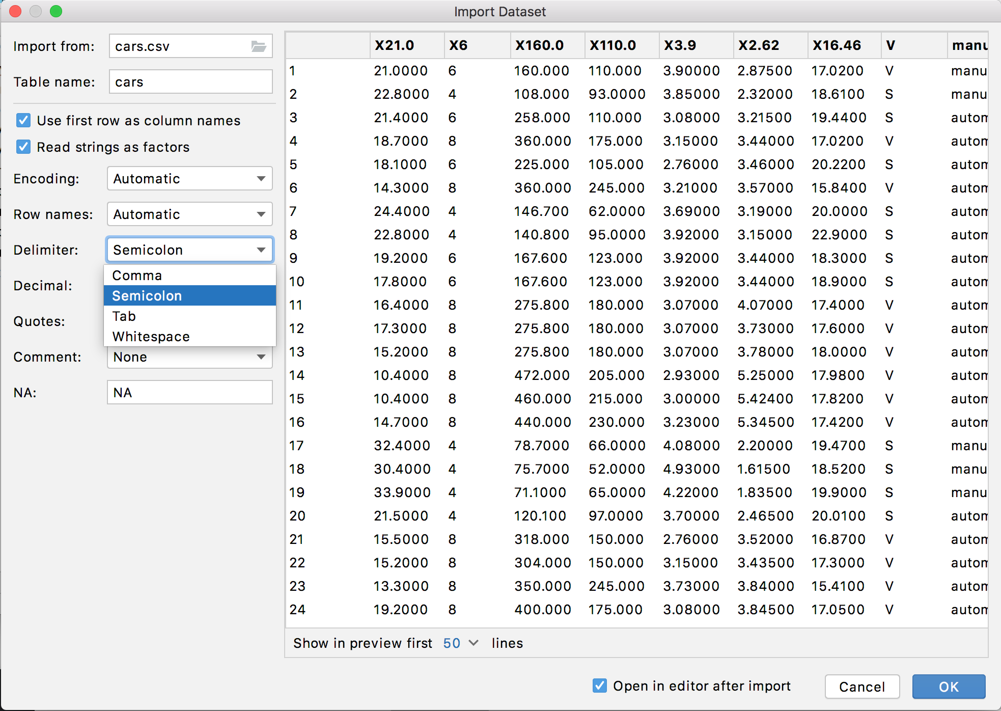 Import a CSV file