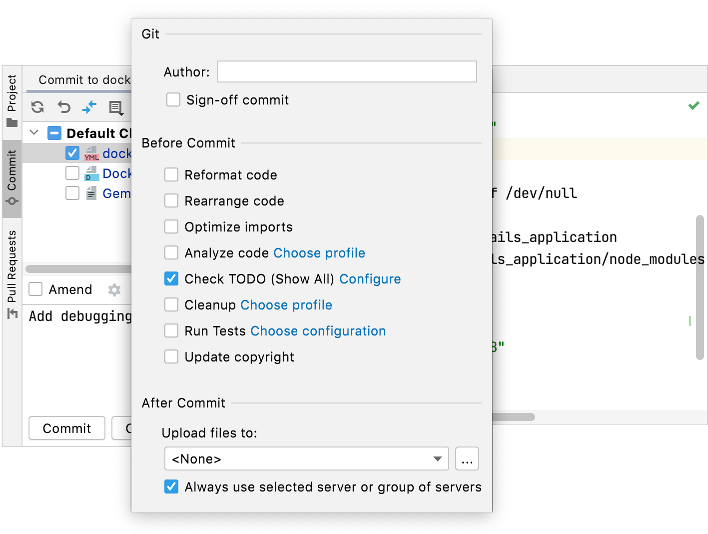 advanced commit options popup