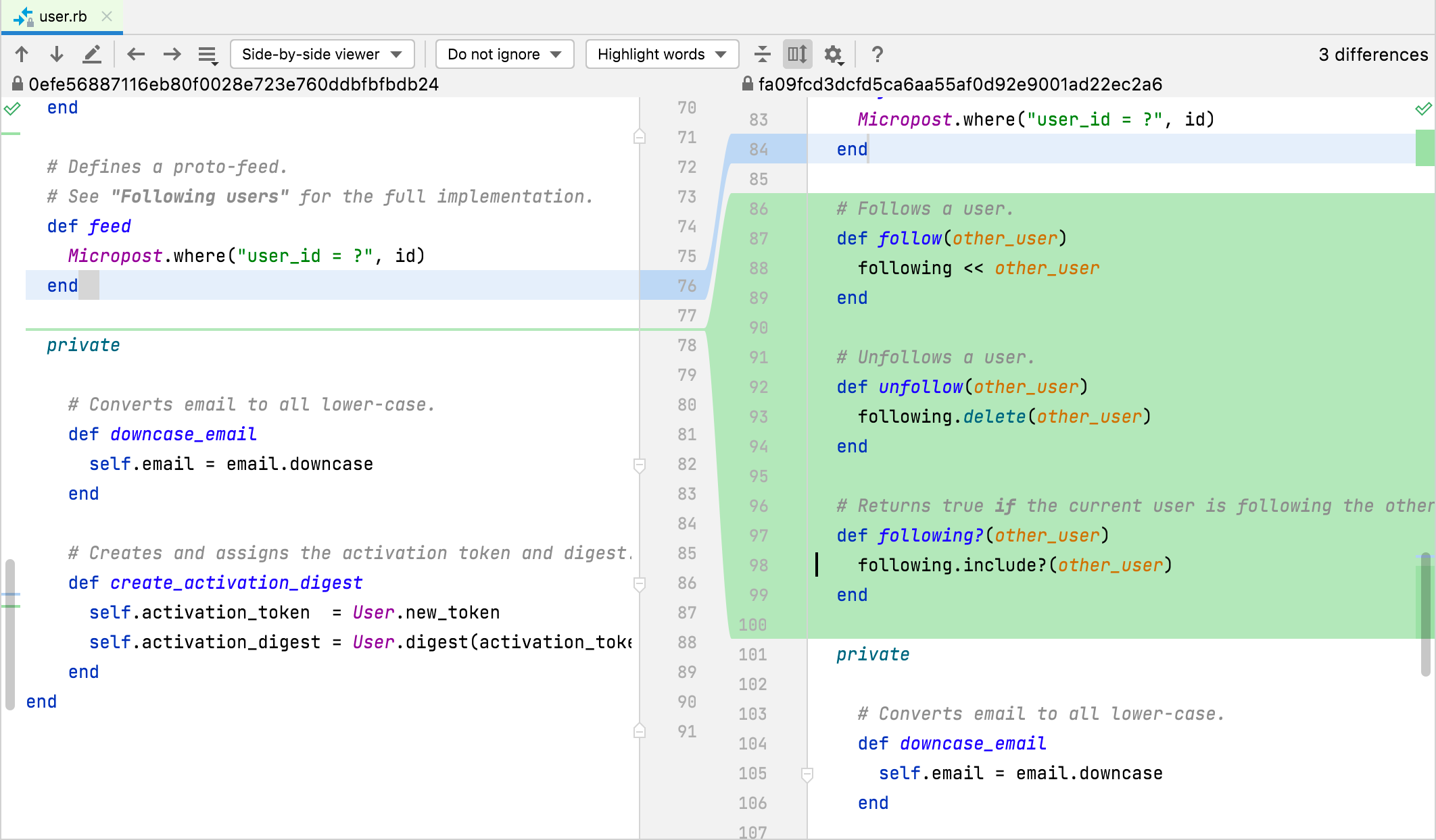 RubyMine: differences viewer