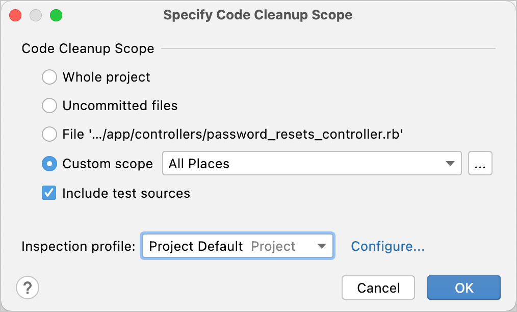 the Specify Code Cleanup Scope dialog