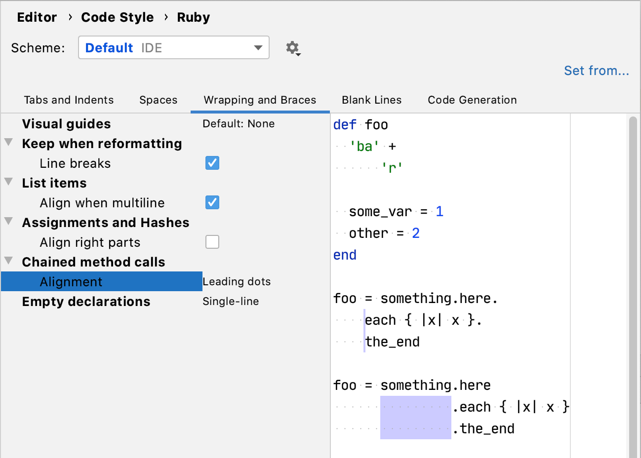 Code style settings for Ruby