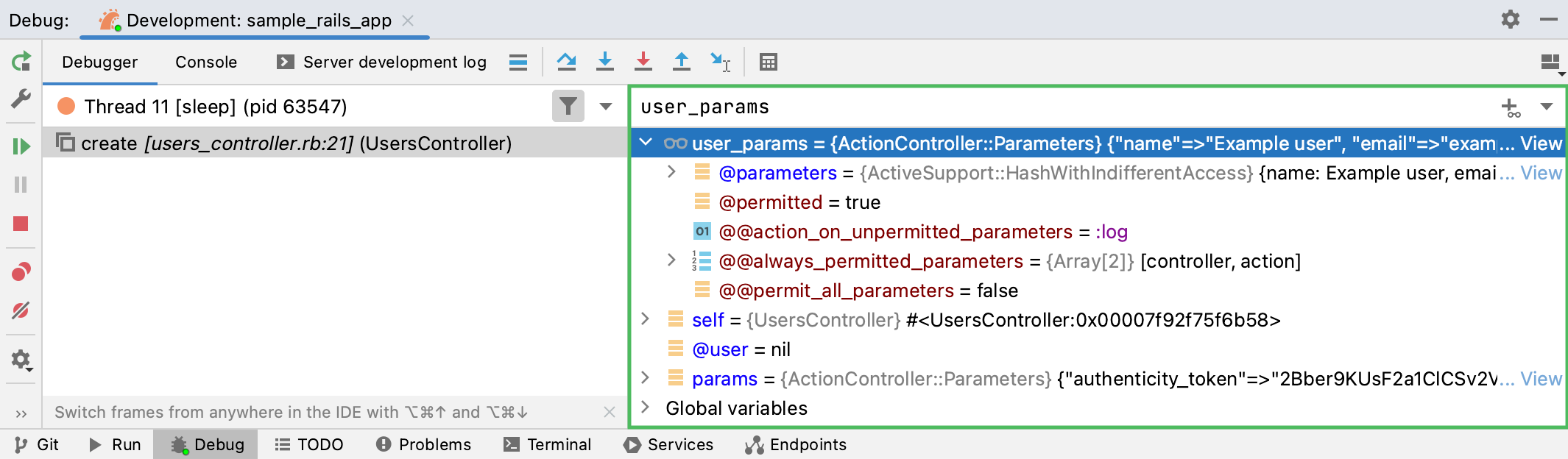 The Variables tab shows you the variables visible from the current execution point