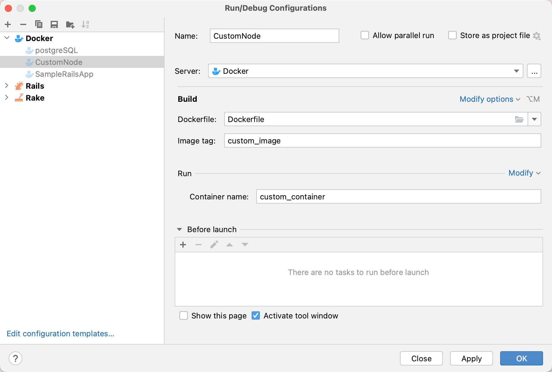 Dockerfile run configuration dialog