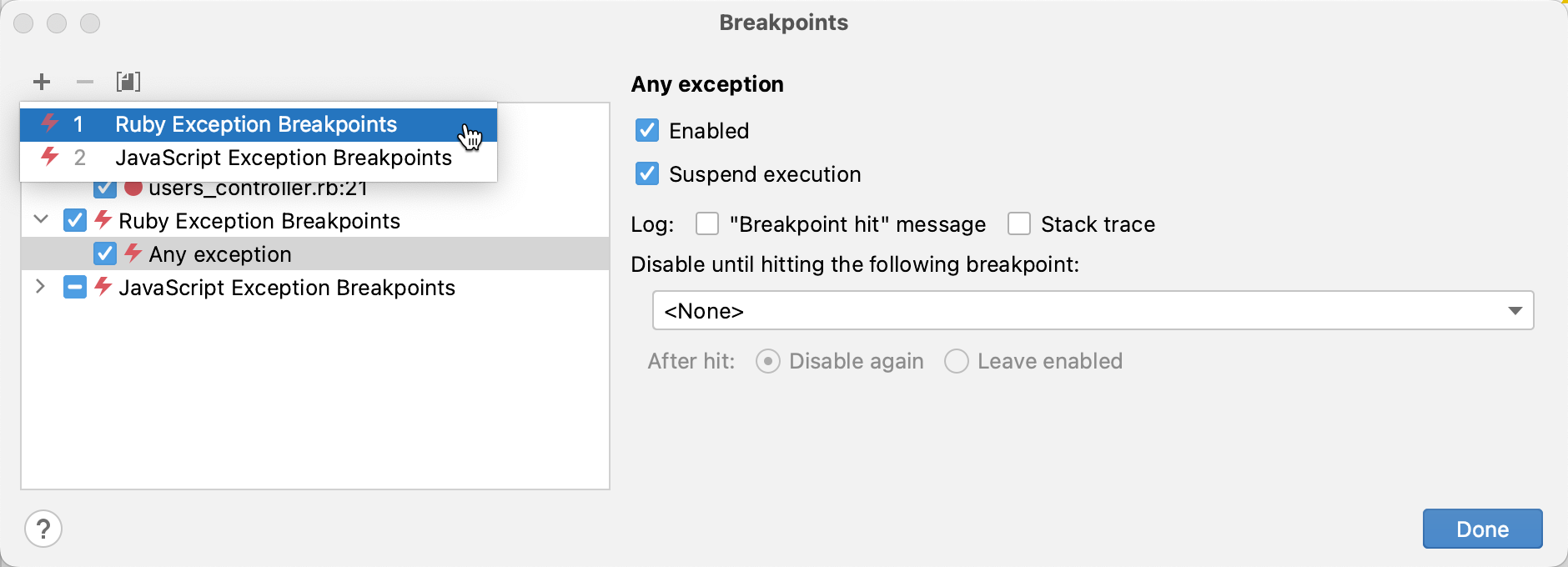 Creating an exception breakpoint