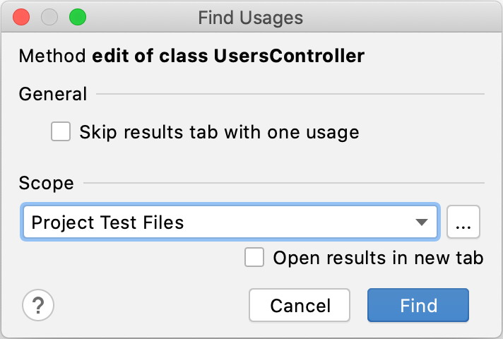 Find Usages dialog (Change Scope)