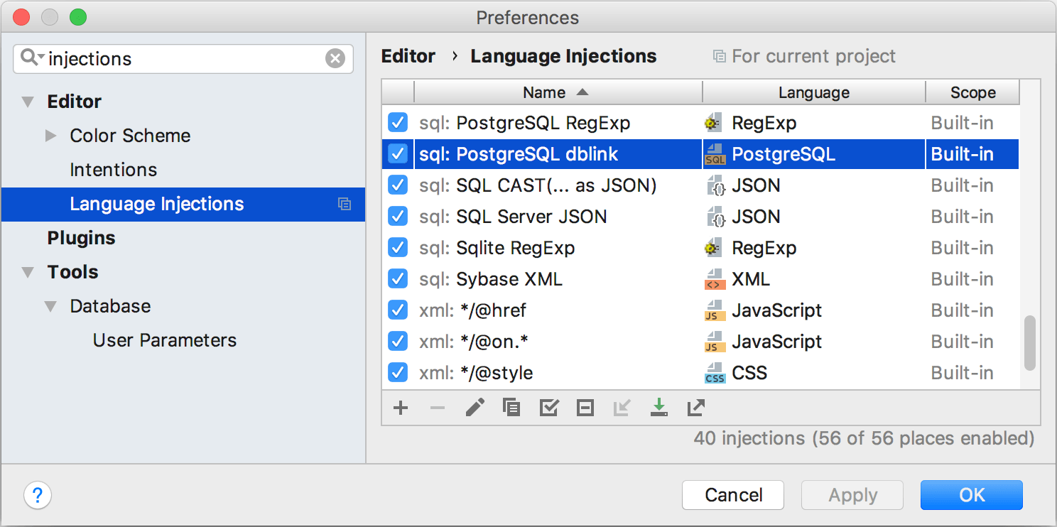 Language injection settings