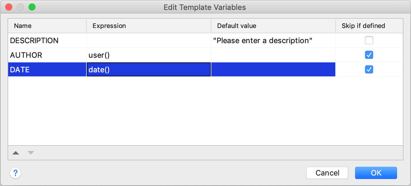 Edit template variables dialog