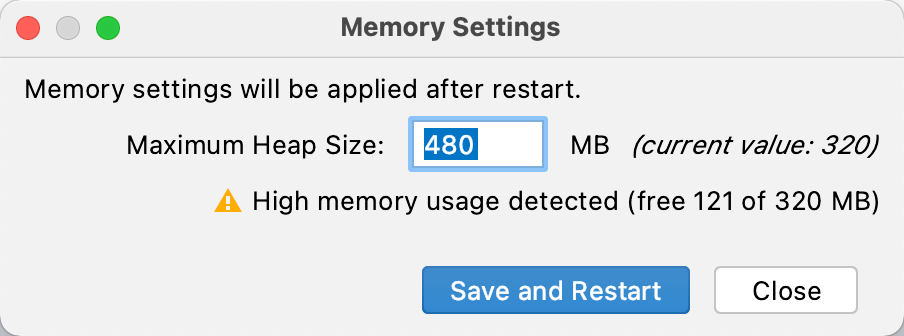 The Memory Settings dialog