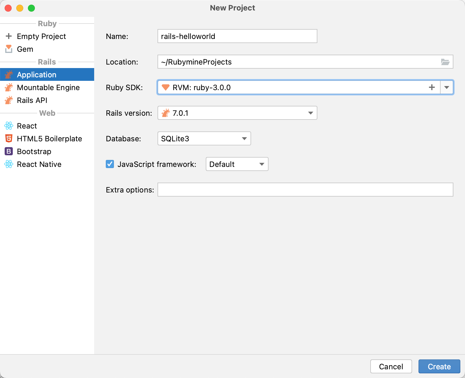 New Project dialog: Rails application