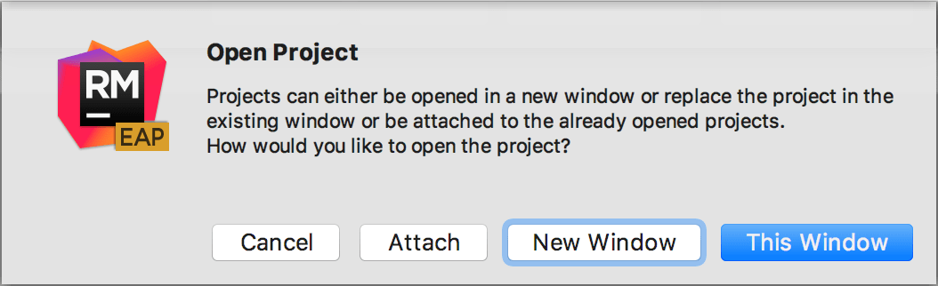 Open the project in the current window, new window, or attach it to the existing project