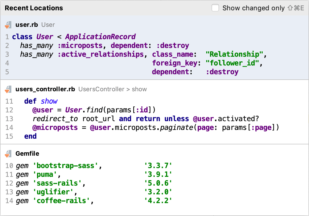 rubymine recent locations