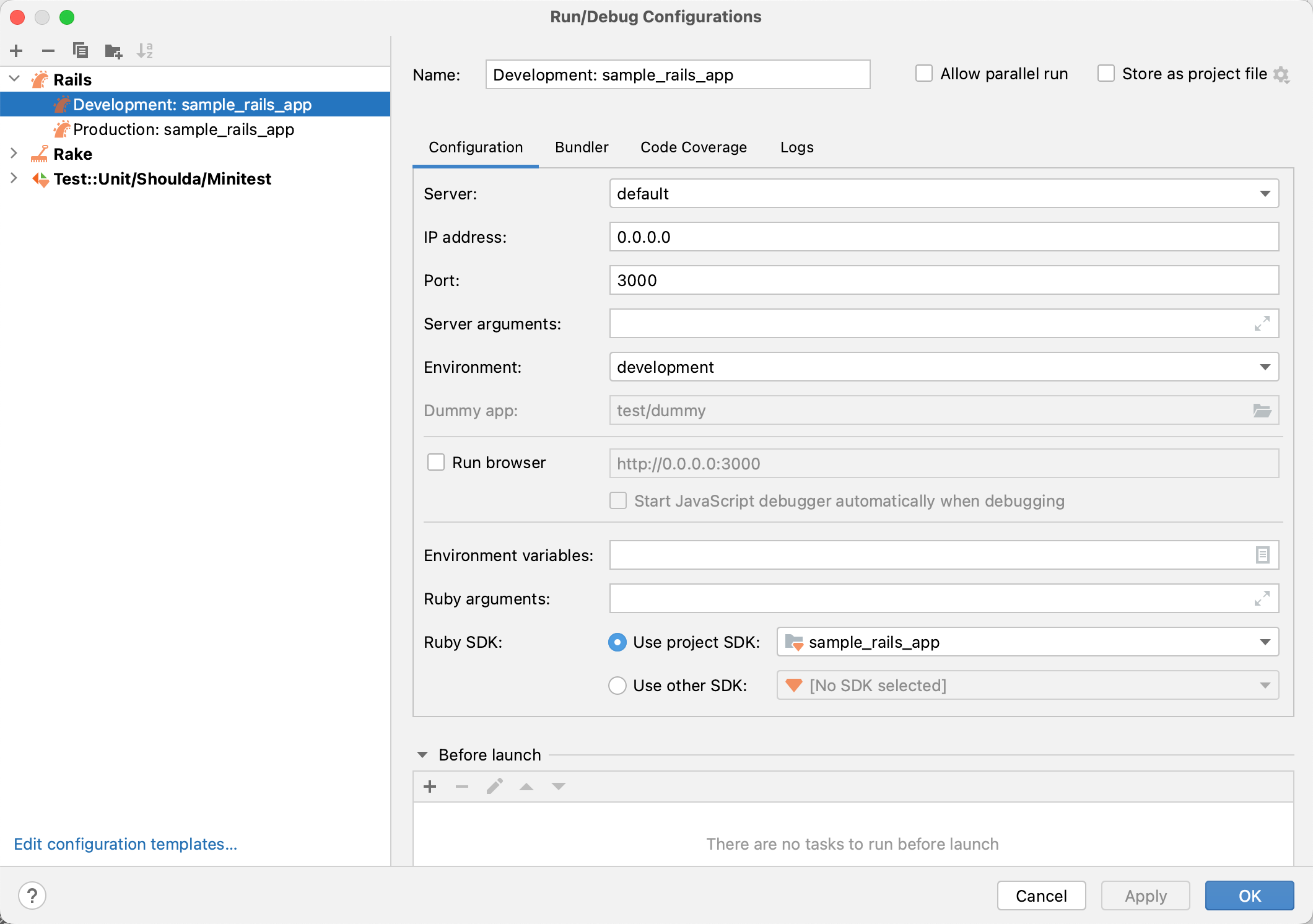 Run/Debug Configurations: Rails