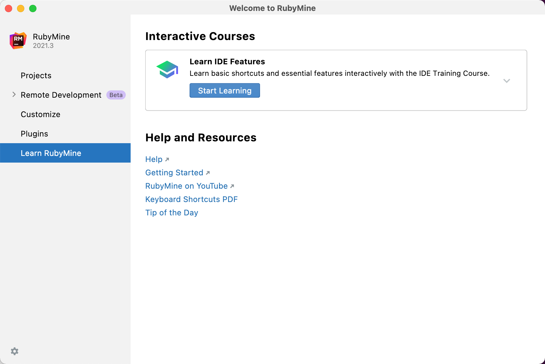 welcome screen: learn RubyMine