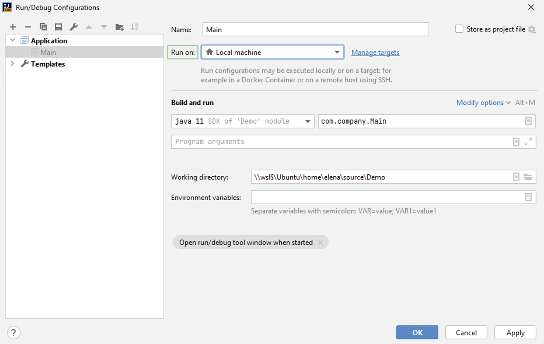 Run configuration