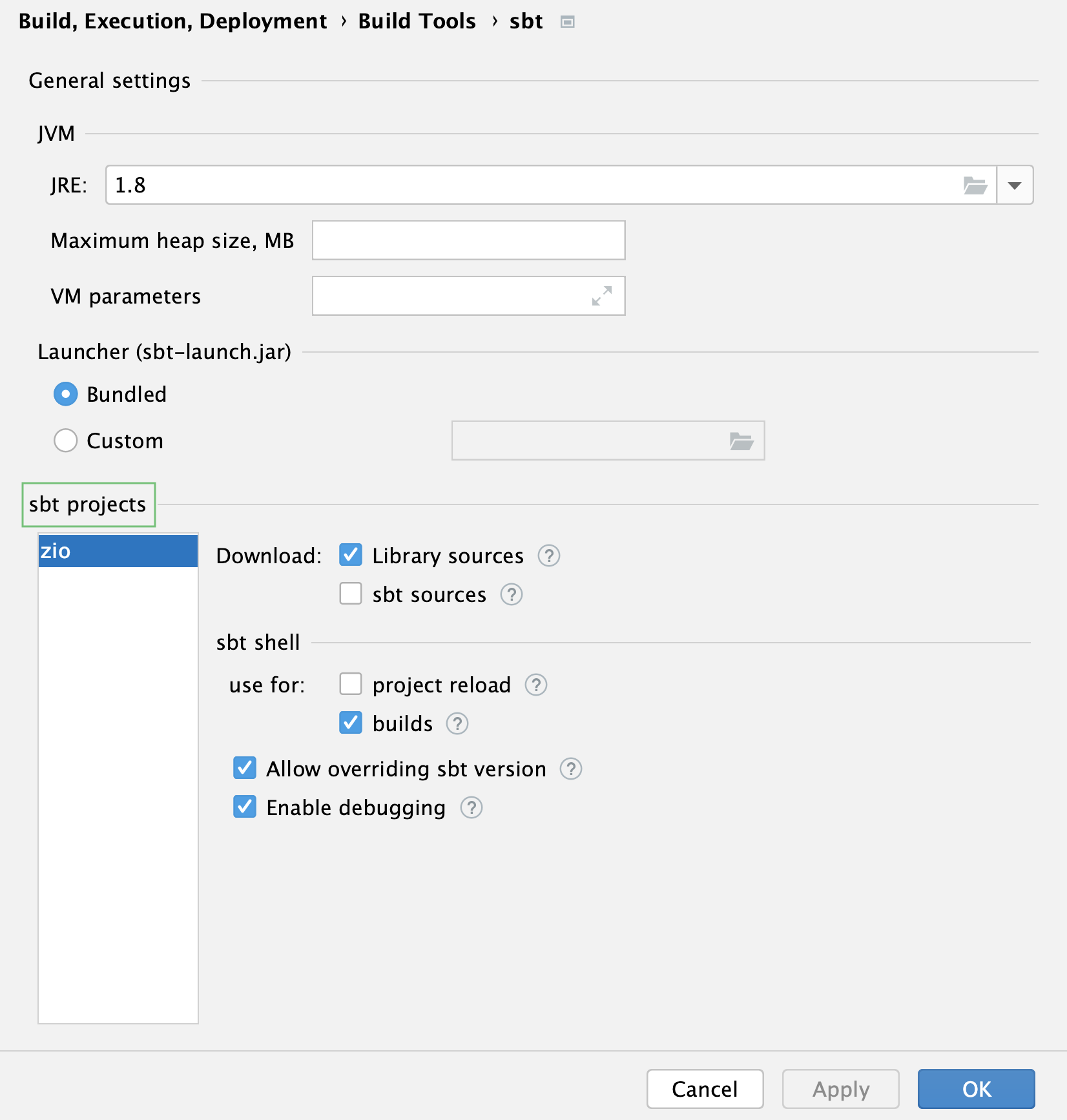 sbt settings: sbt projects section