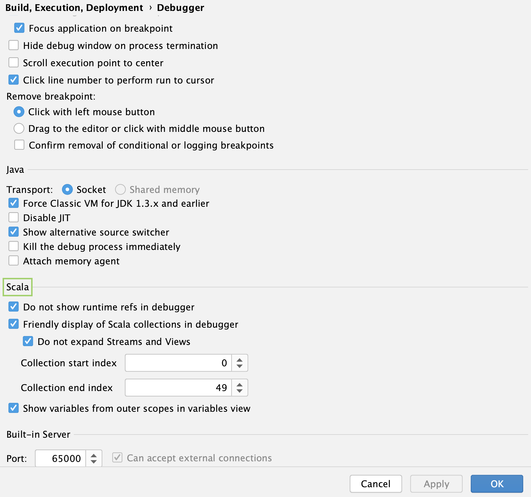 the Debugger settings: Scala