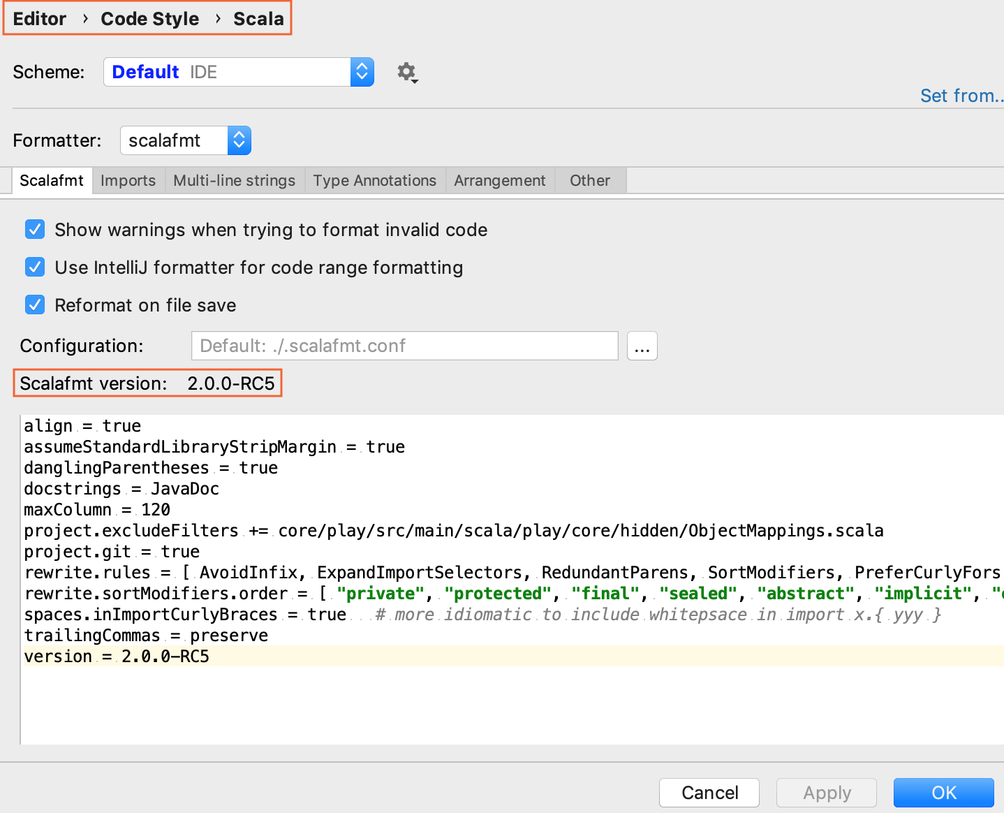 Scalafmt settings with changed version