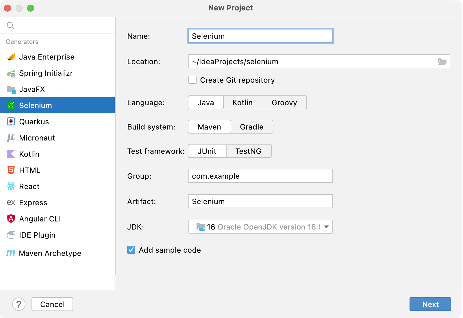 Creating a new Selenium project