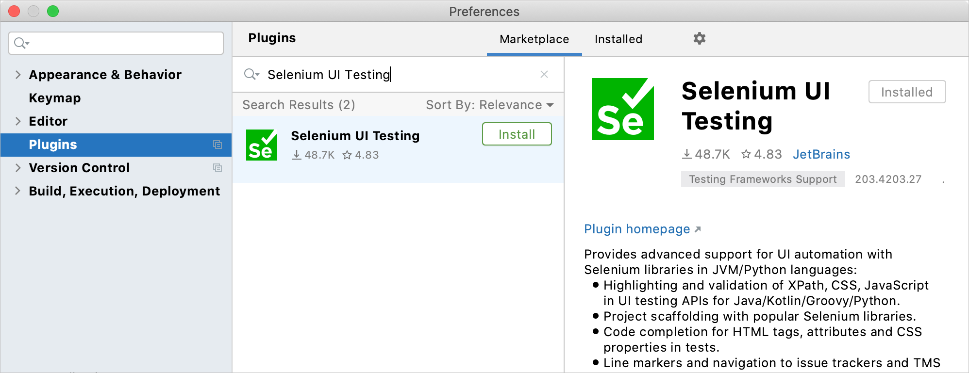 Installing the Selenium UI Testing plugin plugin