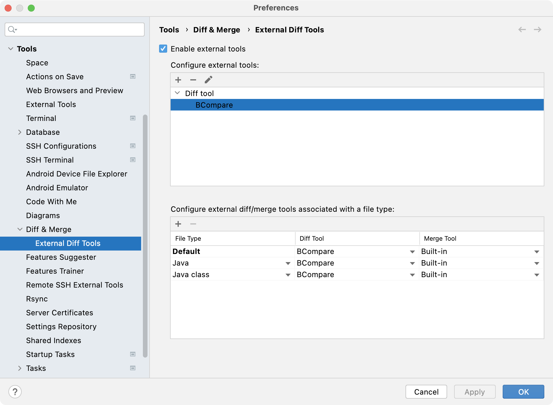 External Diff Tools dialog in Settings/Preferences