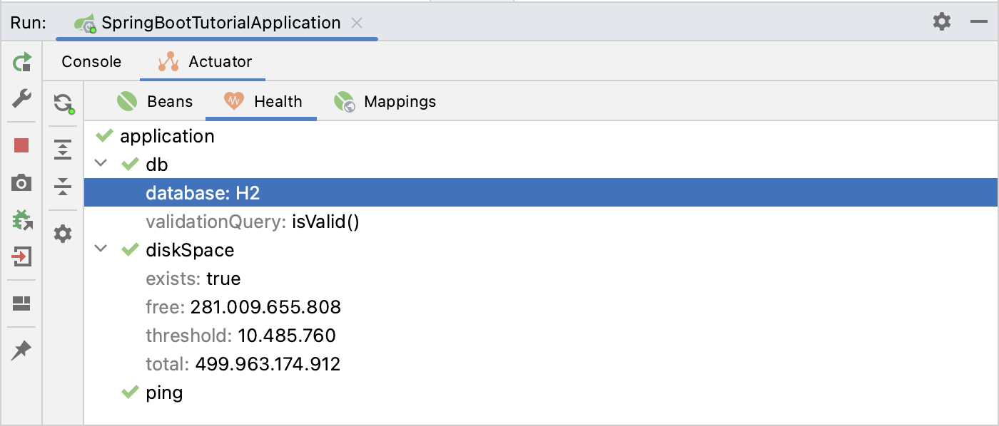 Spring Boot Health endpoints tab