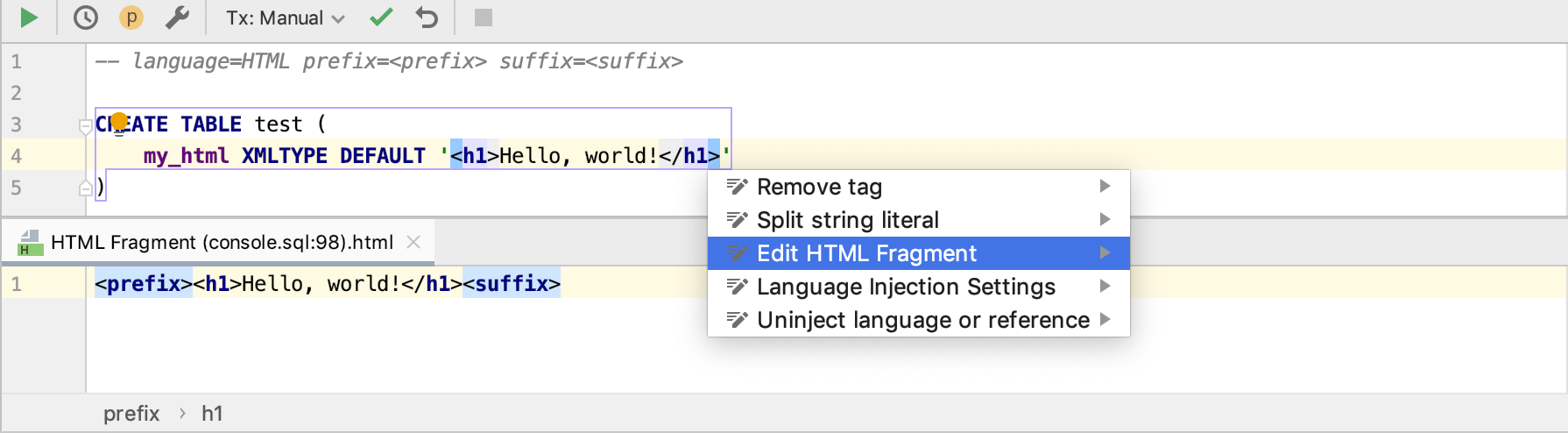 Using prefixes and suffixes in language injection