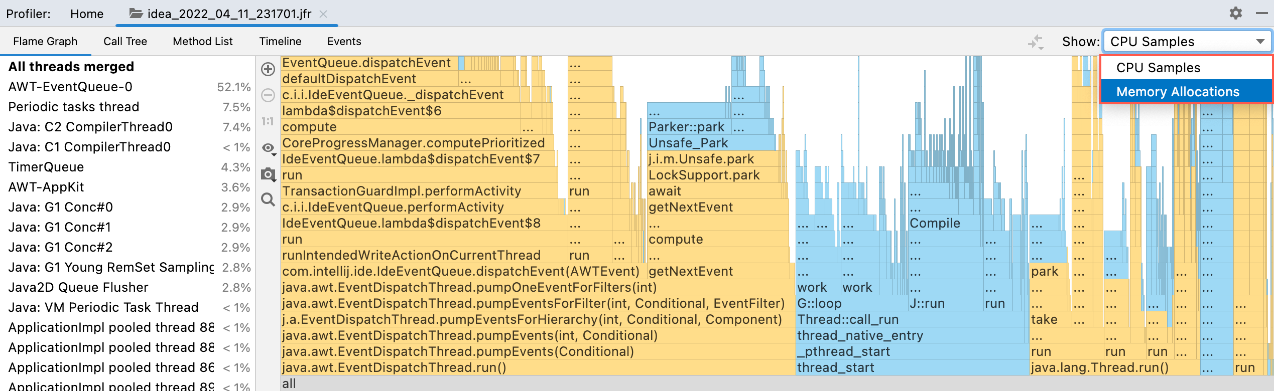 The Show menu in the top-right corner of the Profiler tool window