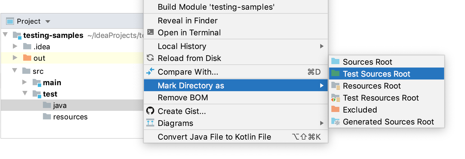 Creating the test sources root