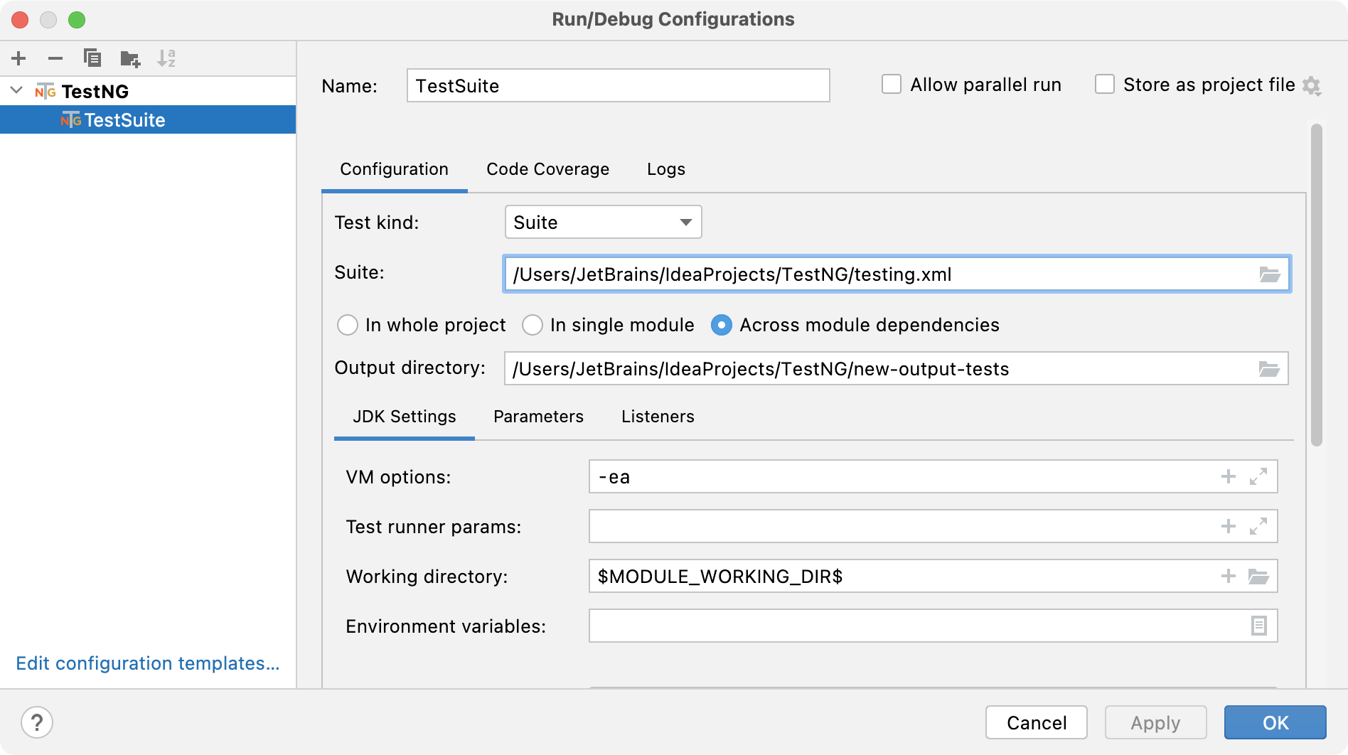 Creating configuration to run TestNG suite