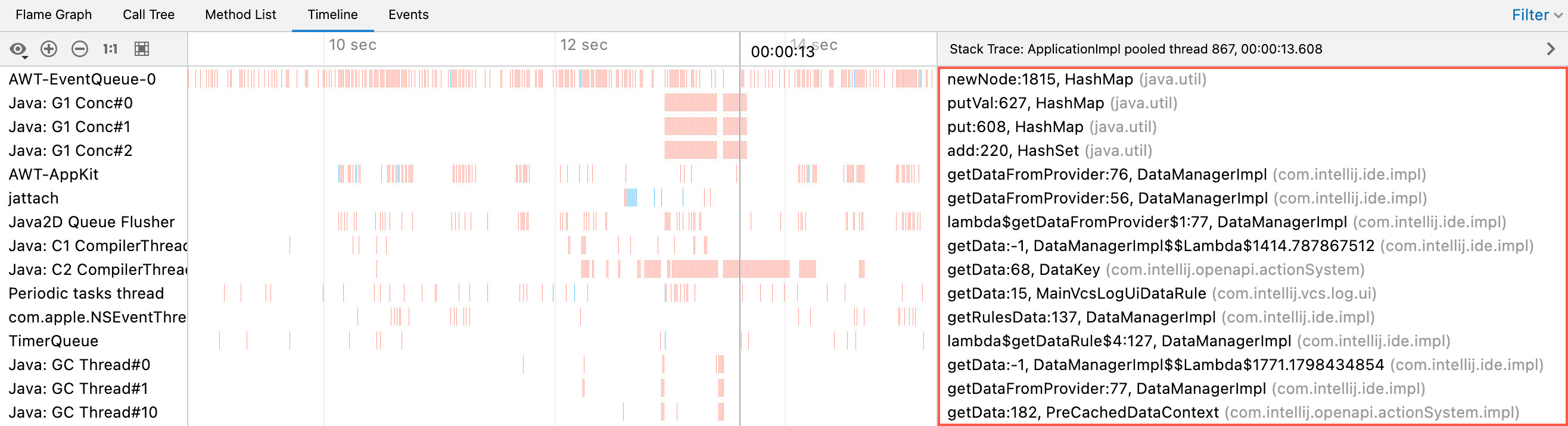 A panel opens showing the stack trace for the selected instant