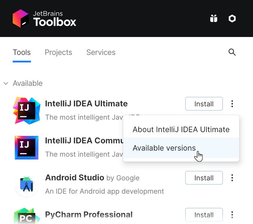 IntelliJ IDEA in the Toolbox app