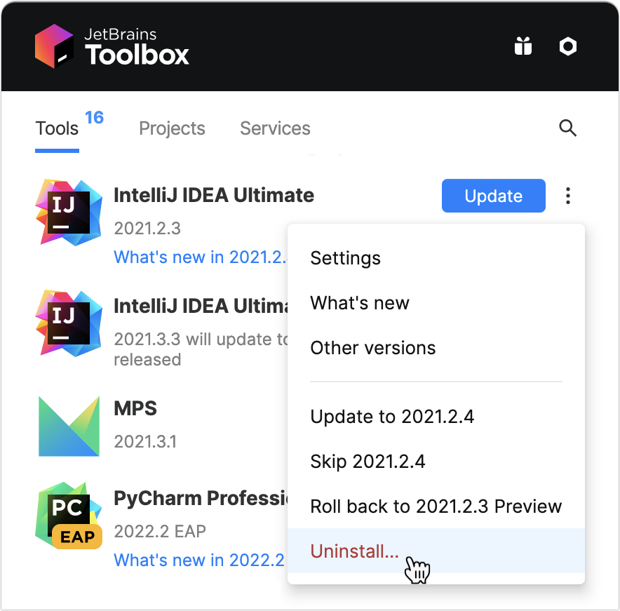 Uninstall IntelliJ IDEA using the Toolbox App