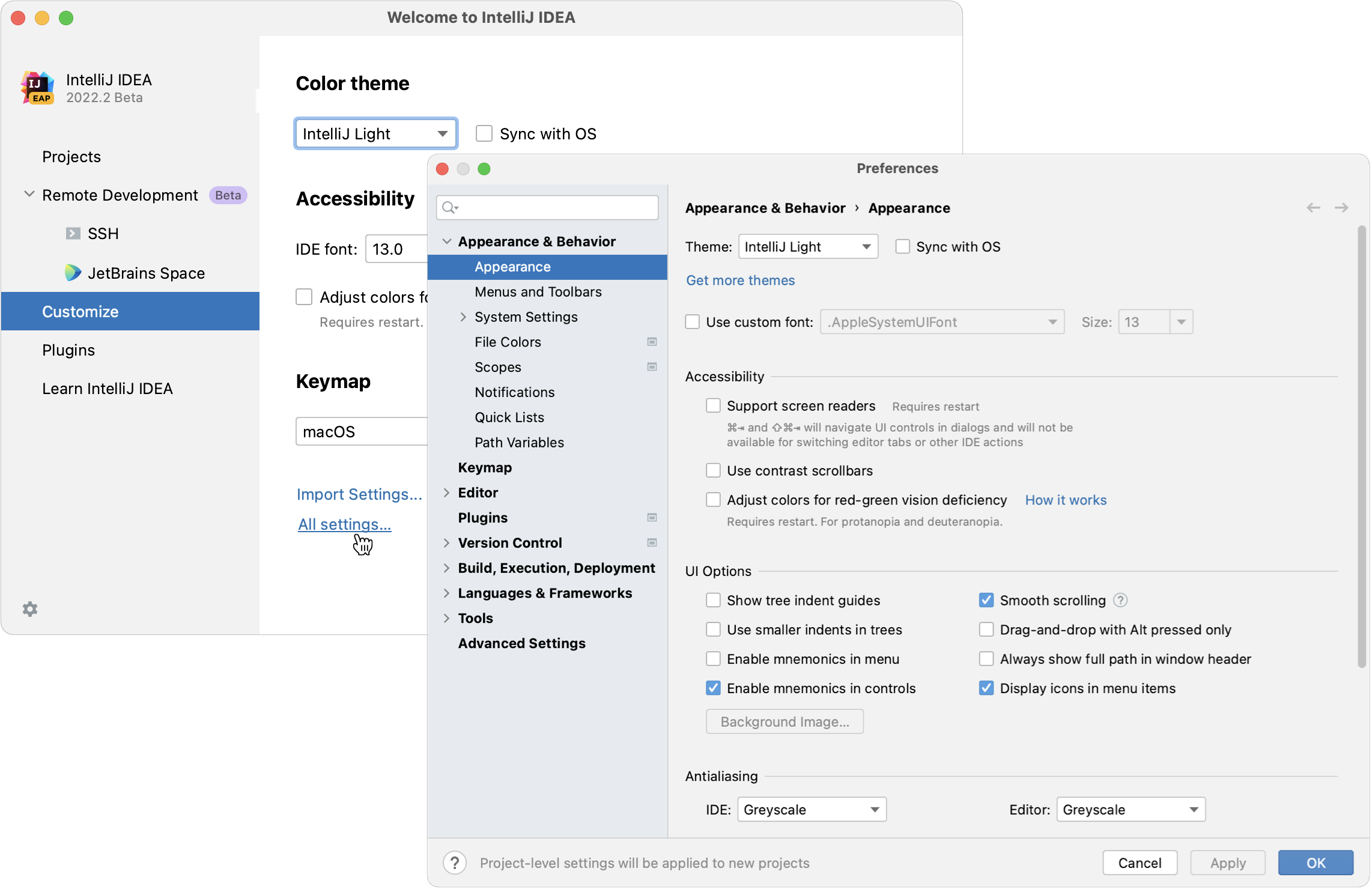 Configuring new default settings for projects