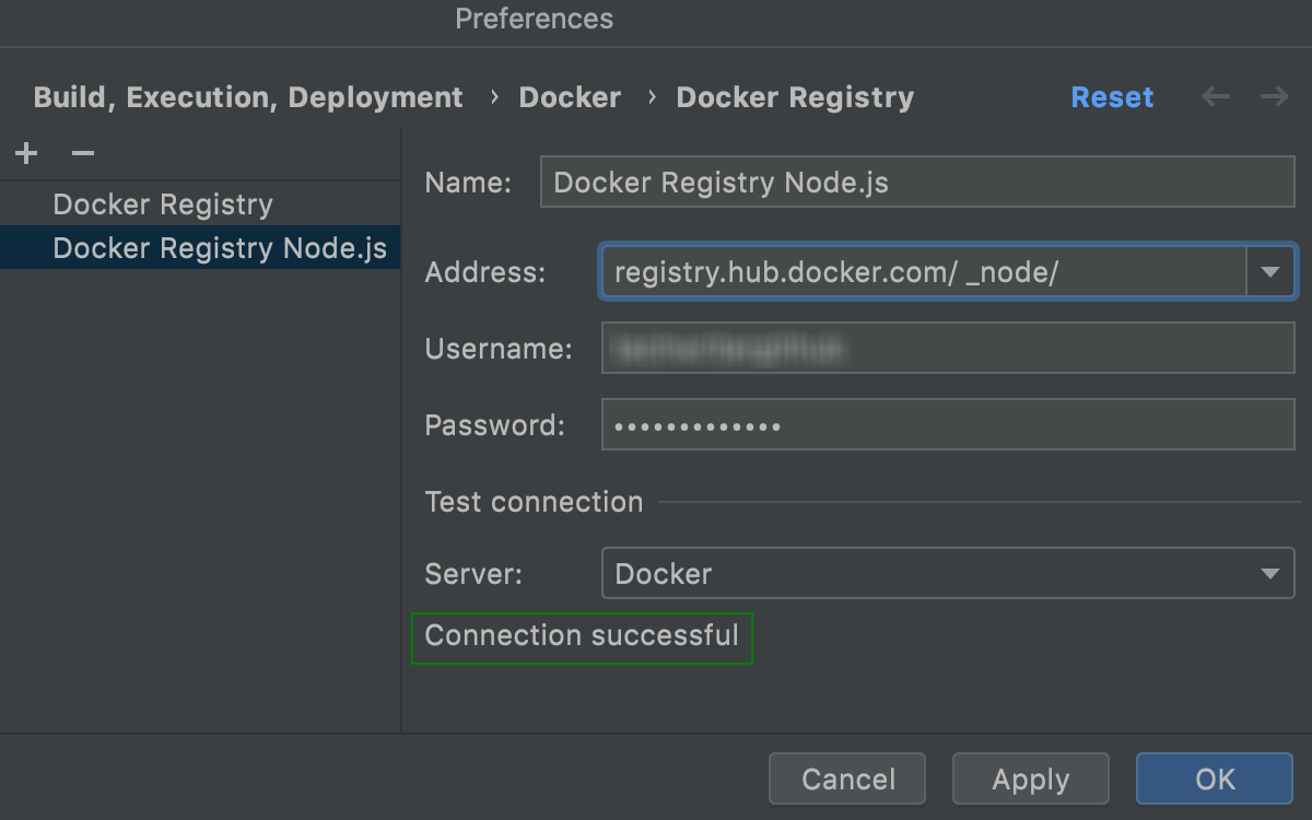 The Docker Registry dialog