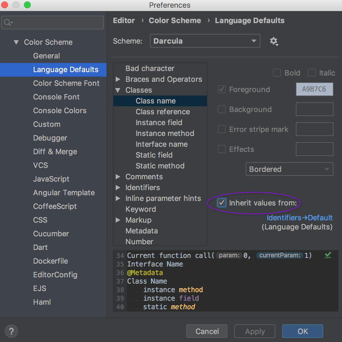 Language Defaults section under Color Scheme settings