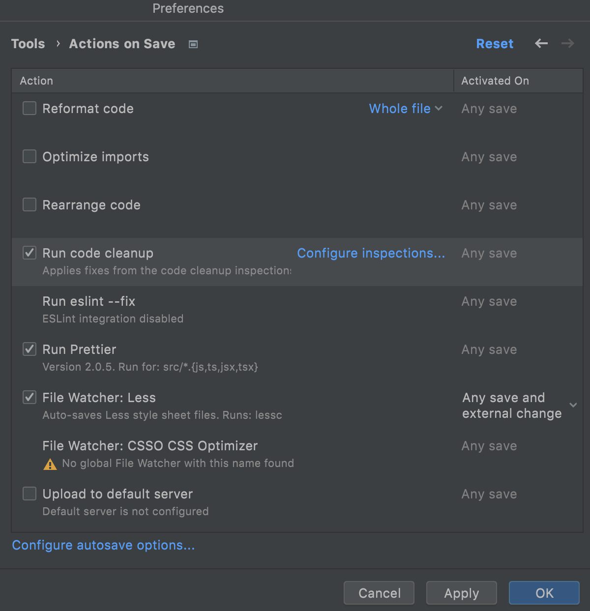 Enable code clean-up on save and configure the inspection