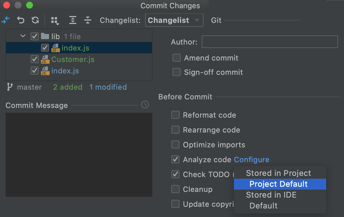 Modal Commit dialog