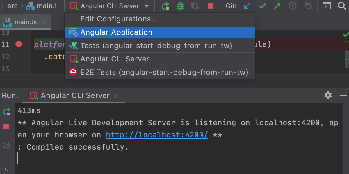 Start a debugging session via a run configuration