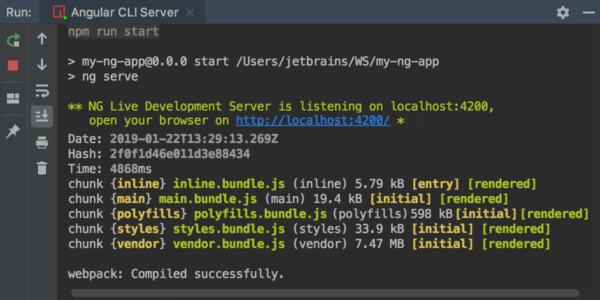 Running Angular CLI app: the Webpack Development server is ready