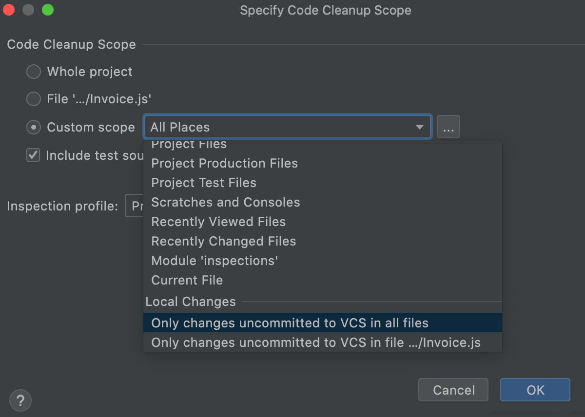 the Specify Code Cleanup Scope dialog