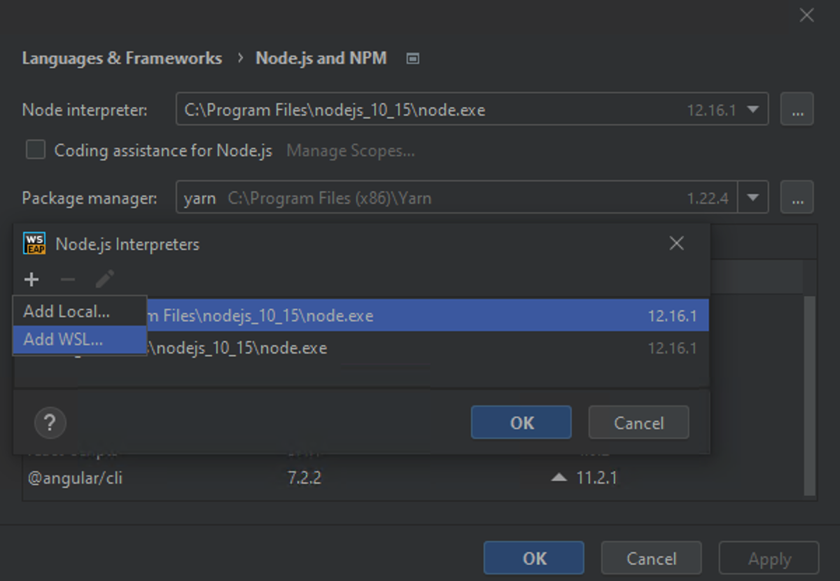 Configure WSL Node.js interpreter: add WSL