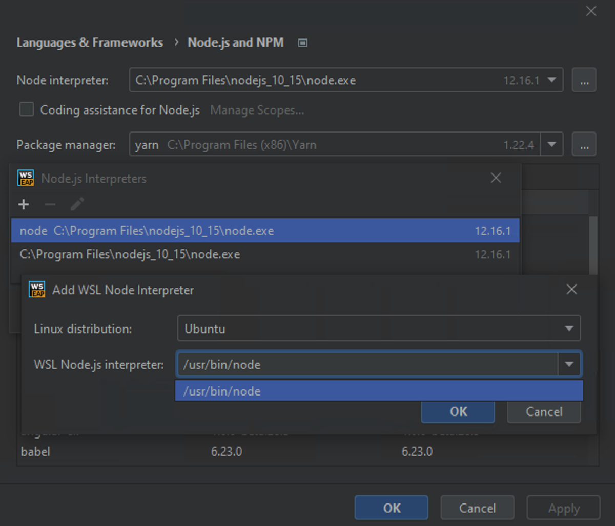 Configuring Node.js on WSL as the default project node interpreter