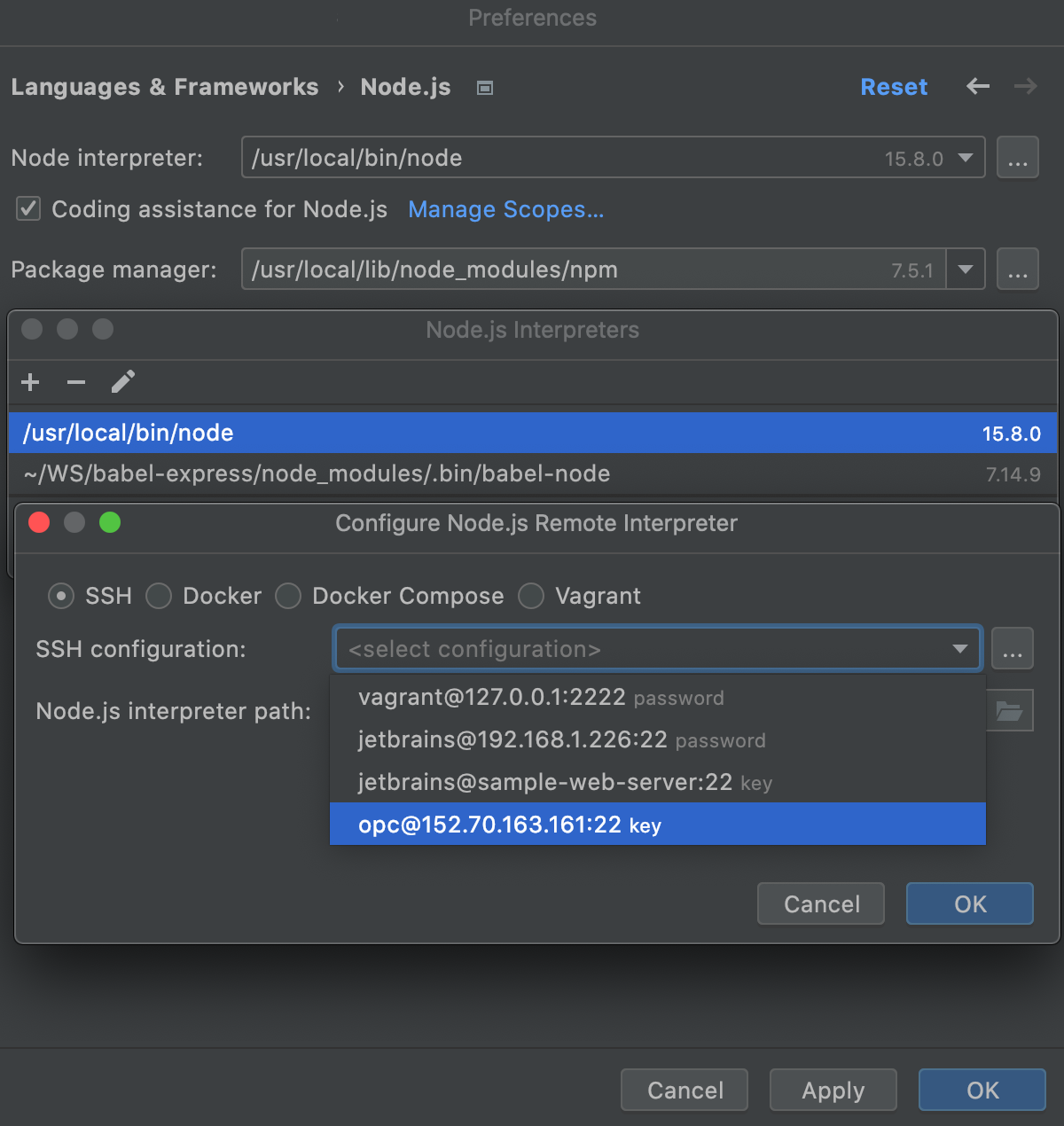 Configure remote Node.js interpreter via SSH: select SSH configuration