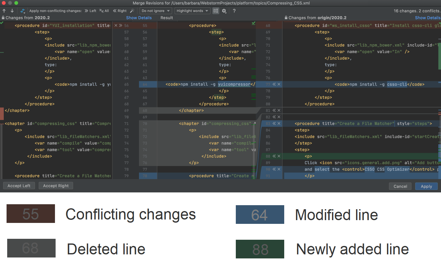 color coding in the conflict resolution tool