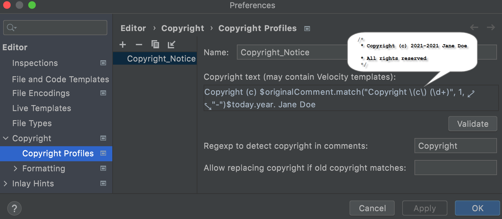 Configuring a copyright profile