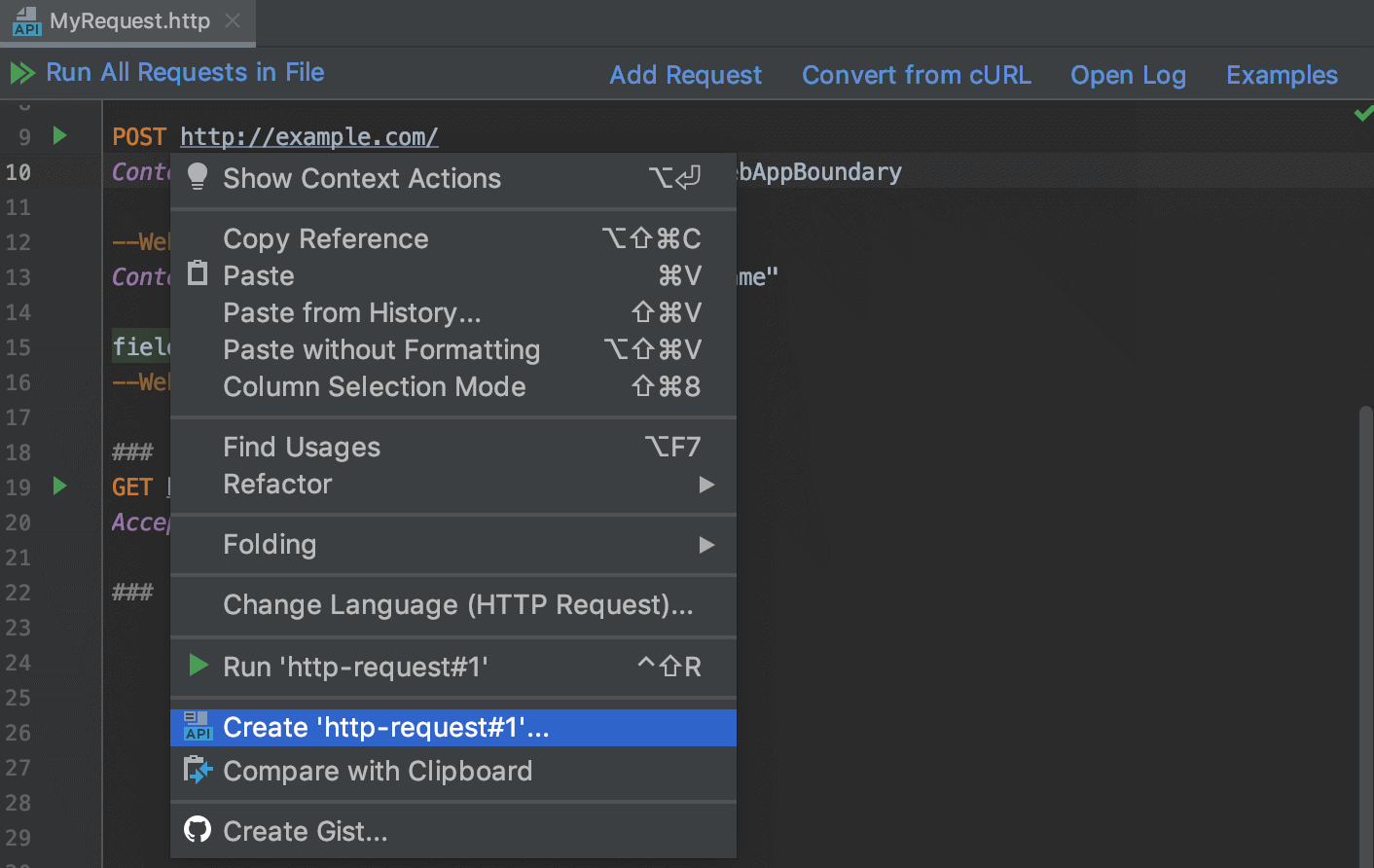 Create a run configuration from the editor