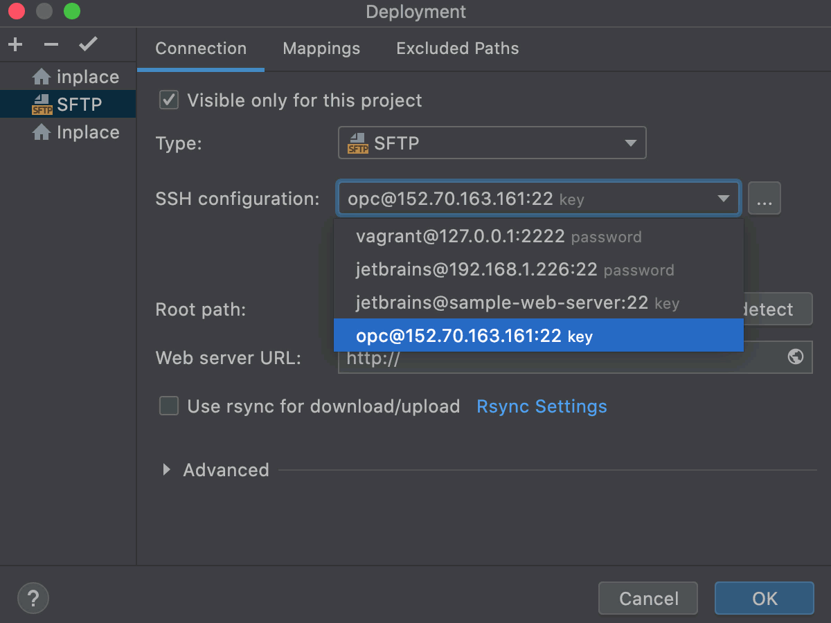 Create a remote server configuration (SFTP): select SSH configuration