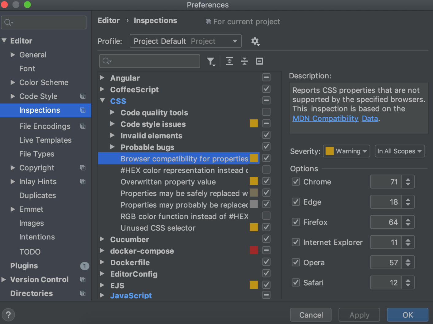 CSS compatibility inspection settings